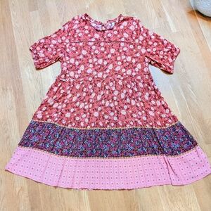 Knox Rose Floral Tiered Swing Dress XL Boho Cottage Pink Brick Rayon Babydoll